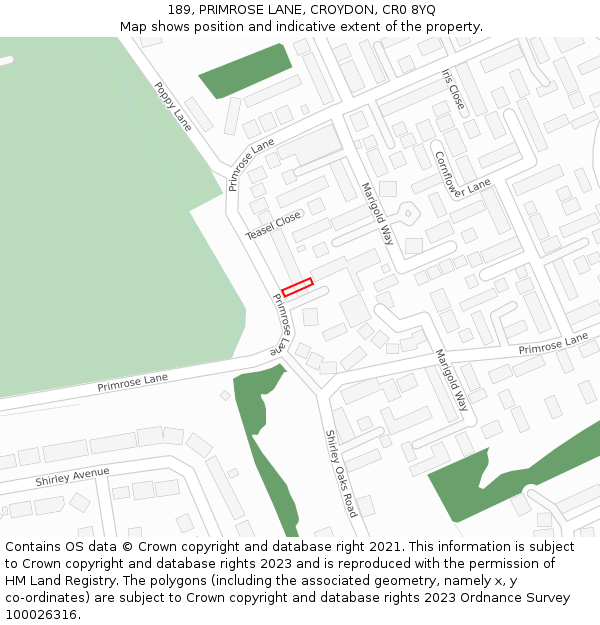 189, PRIMROSE LANE, CROYDON, CR0 8YQ: Location map and indicative extent of plot