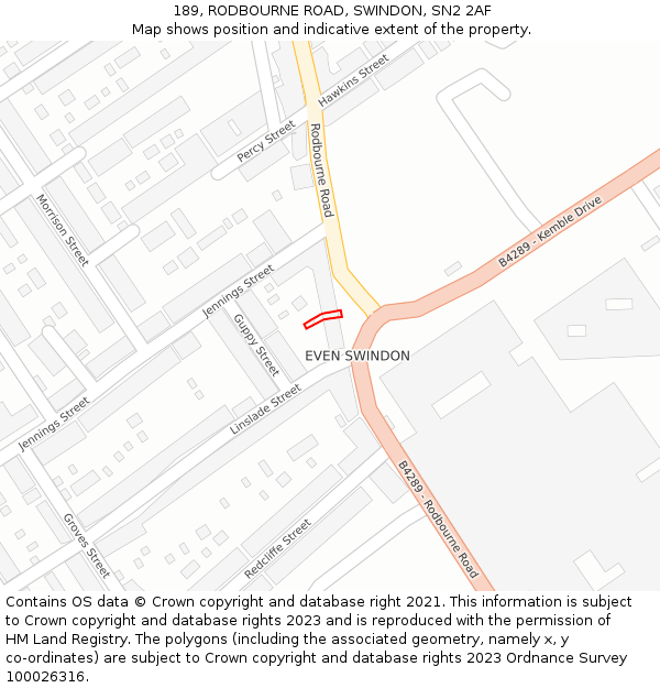 189, RODBOURNE ROAD, SWINDON, SN2 2AF: Location map and indicative extent of plot