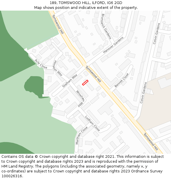 189, TOMSWOOD HILL, ILFORD, IG6 2GD: Location map and indicative extent of plot