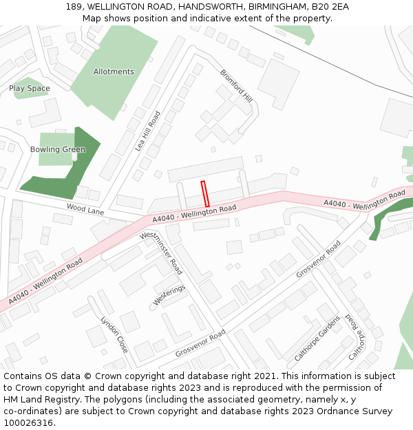 189, WELLINGTON ROAD, HANDSWORTH, BIRMINGHAM, B20 2EA: Location map and indicative extent of plot