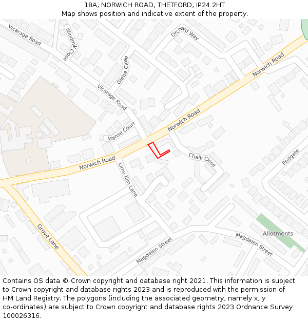 18A, NORWICH ROAD, THETFORD, IP24 2HT: Location map and indicative extent of plot