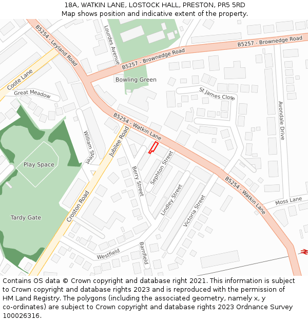 18A, WATKIN LANE, LOSTOCK HALL, PRESTON, PR5 5RD: Location map and indicative extent of plot