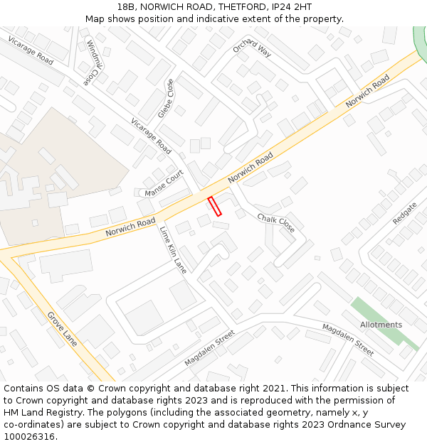 18B, NORWICH ROAD, THETFORD, IP24 2HT: Location map and indicative extent of plot