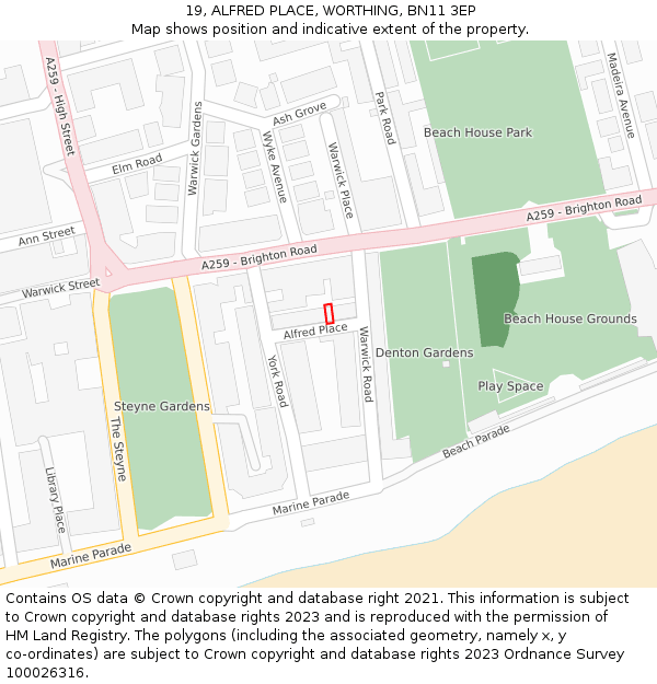 19, ALFRED PLACE, WORTHING, BN11 3EP: Location map and indicative extent of plot