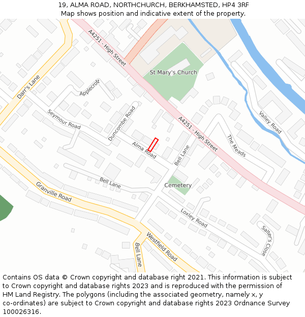 19, ALMA ROAD, NORTHCHURCH, BERKHAMSTED, HP4 3RF: Location map and indicative extent of plot