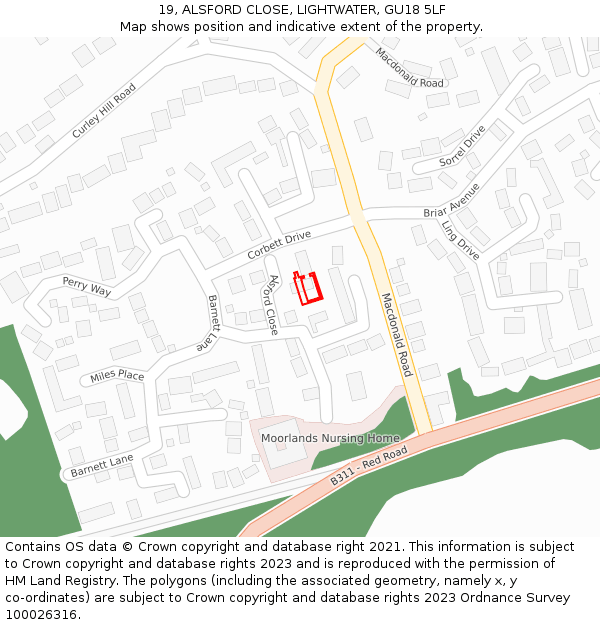 19, ALSFORD CLOSE, LIGHTWATER, GU18 5LF: Location map and indicative extent of plot