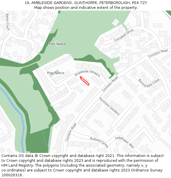 19, AMBLESIDE GARDENS, GUNTHORPE, PETERBOROUGH, PE4 7ZY: Location map and indicative extent of plot
