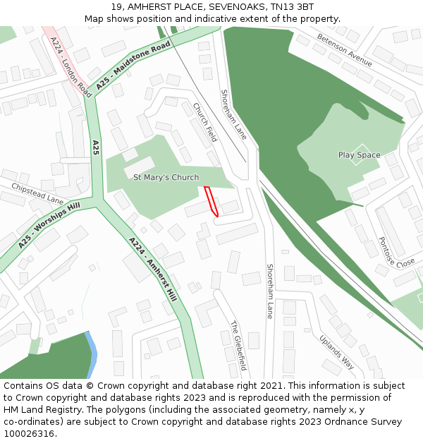 19, AMHERST PLACE, SEVENOAKS, TN13 3BT: Location map and indicative extent of plot