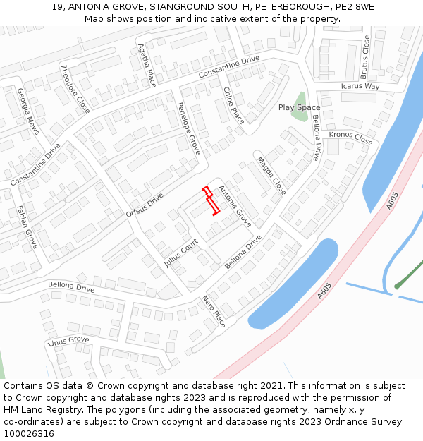 19, ANTONIA GROVE, STANGROUND SOUTH, PETERBOROUGH, PE2 8WE: Location map and indicative extent of plot