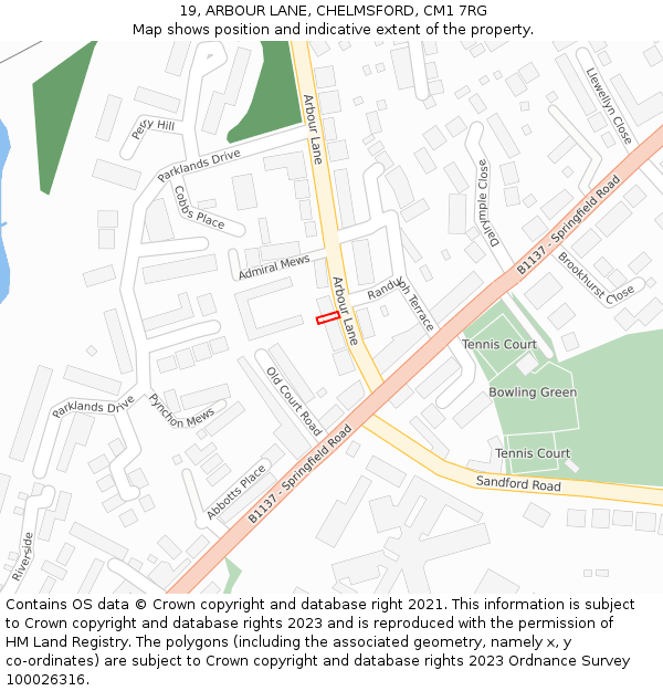 19, ARBOUR LANE, CHELMSFORD, CM1 7RG: Location map and indicative extent of plot