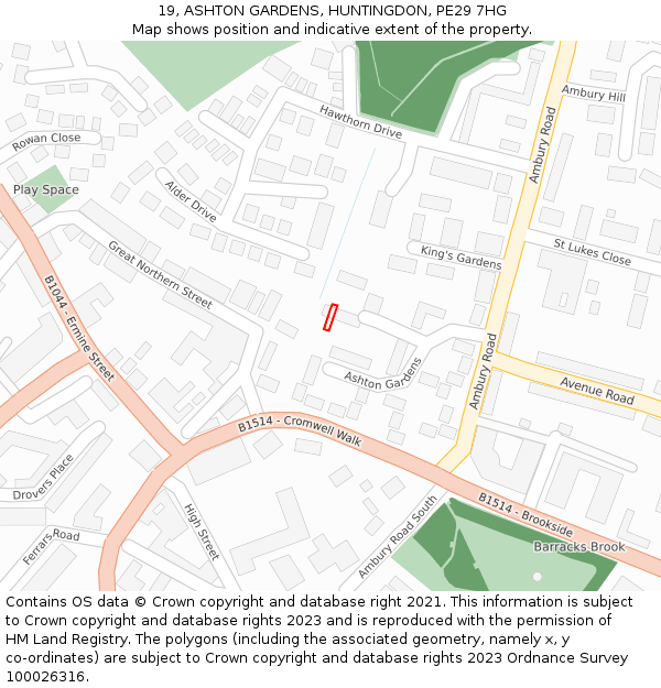 19, ASHTON GARDENS, HUNTINGDON, PE29 7HG: Location map and indicative extent of plot