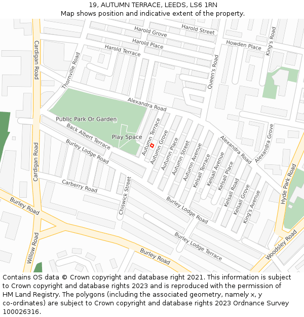 19, AUTUMN TERRACE, LEEDS, LS6 1RN: Location map and indicative extent of plot