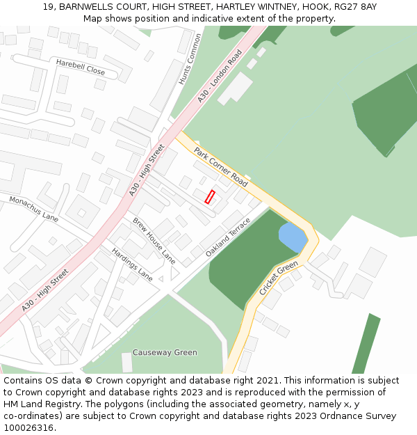 19, BARNWELLS COURT, HIGH STREET, HARTLEY WINTNEY, HOOK, RG27 8AY: Location map and indicative extent of plot