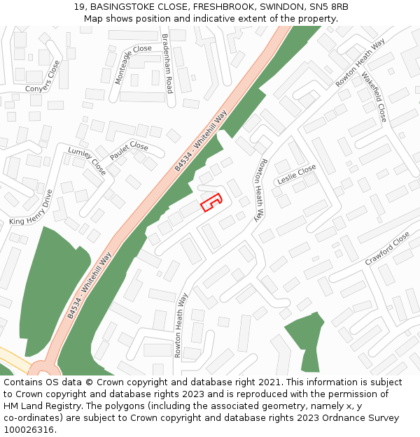 19, BASINGSTOKE CLOSE, FRESHBROOK, SWINDON, SN5 8RB: Location map and indicative extent of plot