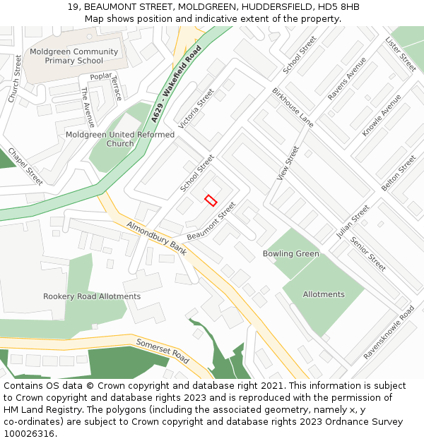 19, BEAUMONT STREET, MOLDGREEN, HUDDERSFIELD, HD5 8HB: Location map and indicative extent of plot