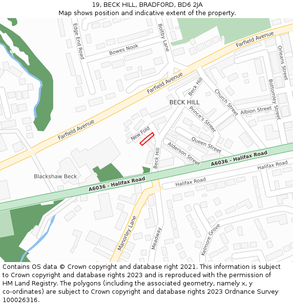 19, BECK HILL, BRADFORD, BD6 2JA: Location map and indicative extent of plot