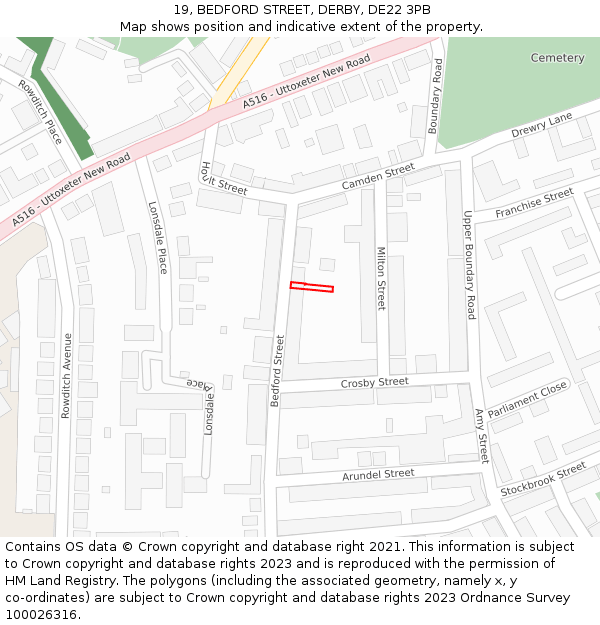 19, BEDFORD STREET, DERBY, DE22 3PB: Location map and indicative extent of plot