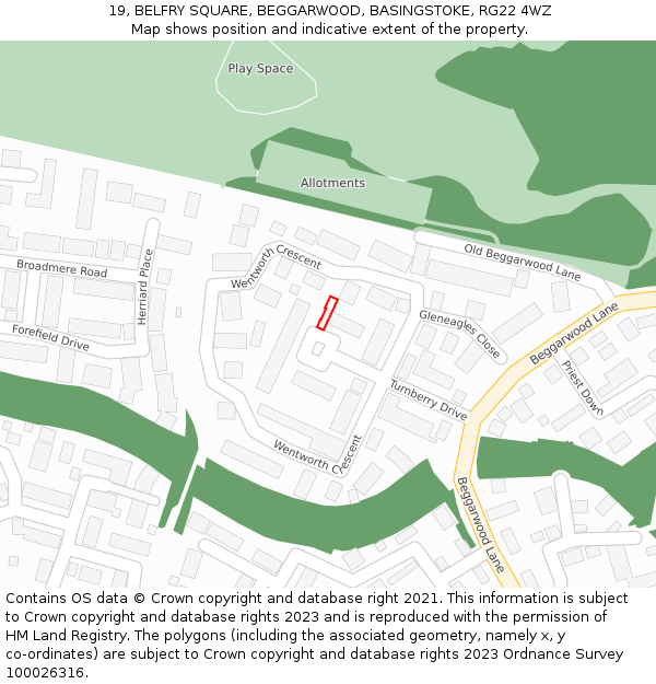 19, BELFRY SQUARE, BEGGARWOOD, BASINGSTOKE, RG22 4WZ: Location map and indicative extent of plot