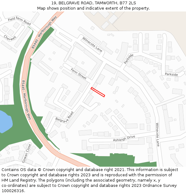 19, BELGRAVE ROAD, TAMWORTH, B77 2LS: Location map and indicative extent of plot