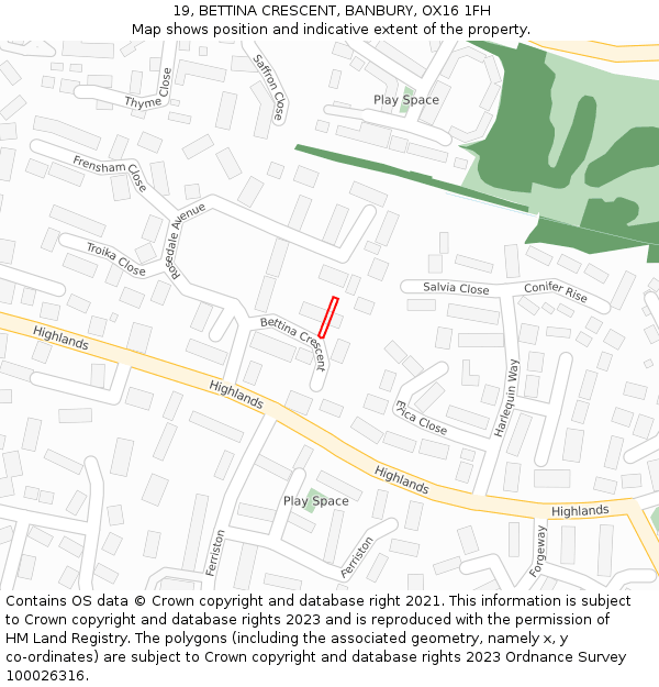 19, BETTINA CRESCENT, BANBURY, OX16 1FH: Location map and indicative extent of plot