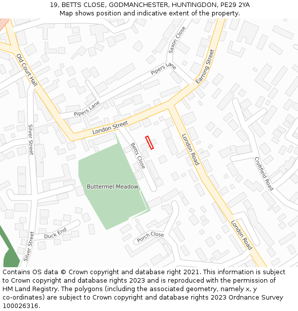 19, BETTS CLOSE, GODMANCHESTER, HUNTINGDON, PE29 2YA: Location map and indicative extent of plot