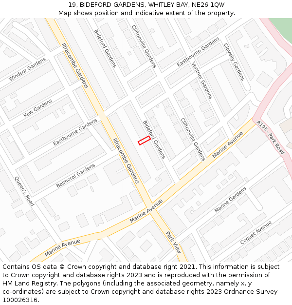 19, BIDEFORD GARDENS, WHITLEY BAY, NE26 1QW: Location map and indicative extent of plot
