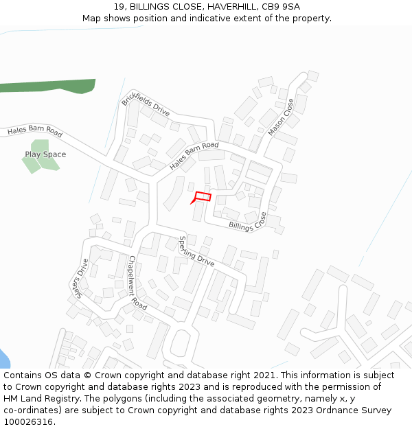 19, BILLINGS CLOSE, HAVERHILL, CB9 9SA: Location map and indicative extent of plot