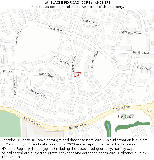 19, BLACKBIRD ROAD, CORBY, NN18 8FE: Location map and indicative extent of plot