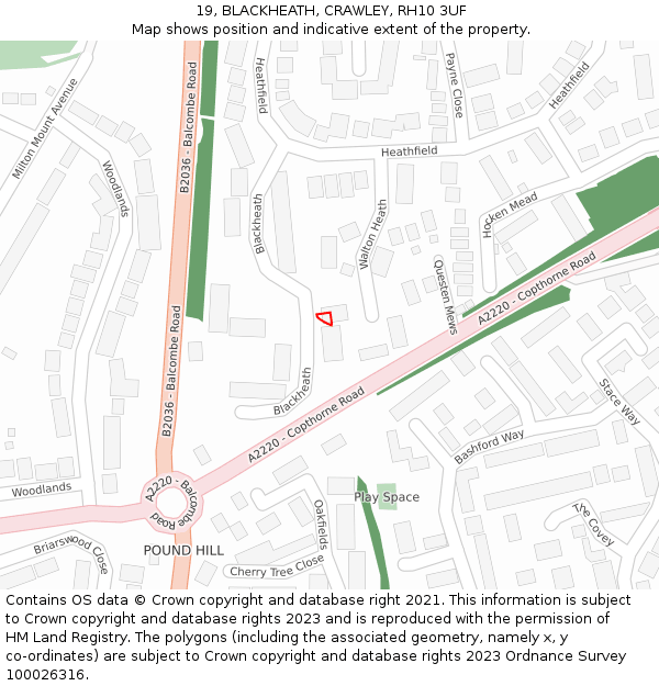 19, BLACKHEATH, CRAWLEY, RH10 3UF: Location map and indicative extent of plot