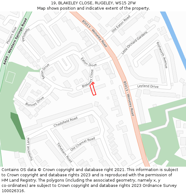 19, BLAKELEY CLOSE, RUGELEY, WS15 2FW: Location map and indicative extent of plot