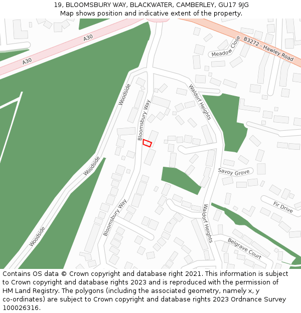 19, BLOOMSBURY WAY, BLACKWATER, CAMBERLEY, GU17 9JG: Location map and indicative extent of plot