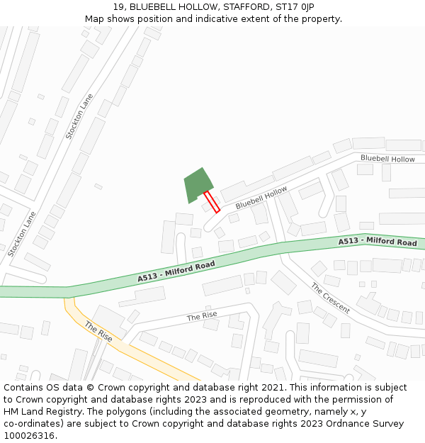 19, BLUEBELL HOLLOW, STAFFORD, ST17 0JP: Location map and indicative extent of plot