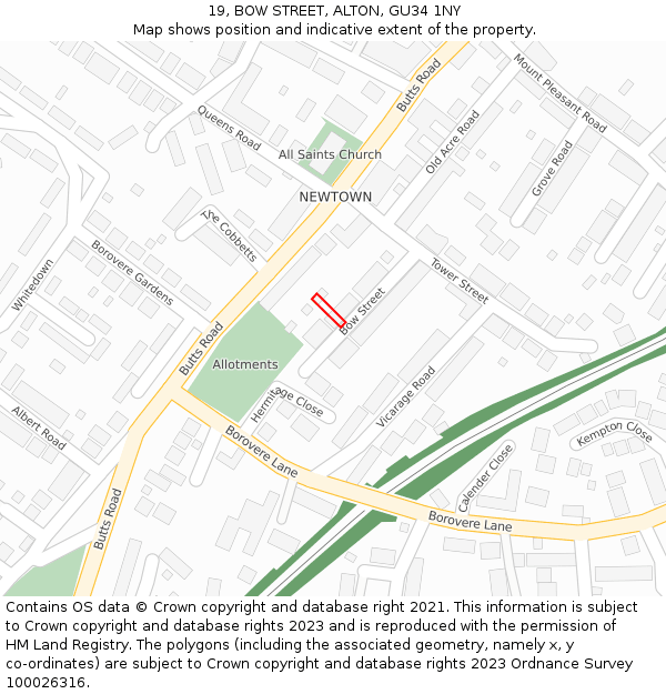 19, BOW STREET, ALTON, GU34 1NY: Location map and indicative extent of plot