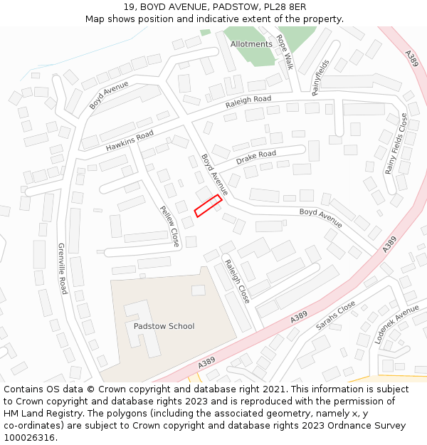 19, BOYD AVENUE, PADSTOW, PL28 8ER: Location map and indicative extent of plot
