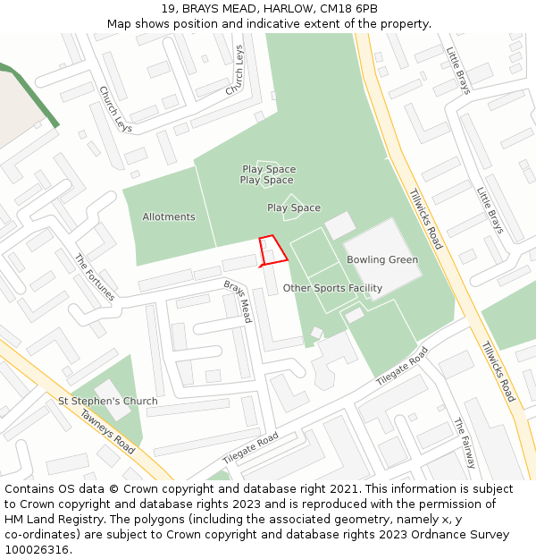 19, BRAYS MEAD, HARLOW, CM18 6PB: Location map and indicative extent of plot