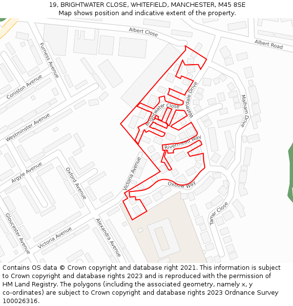 19, BRIGHTWATER CLOSE, WHITEFIELD, MANCHESTER, M45 8SE: Location map and indicative extent of plot