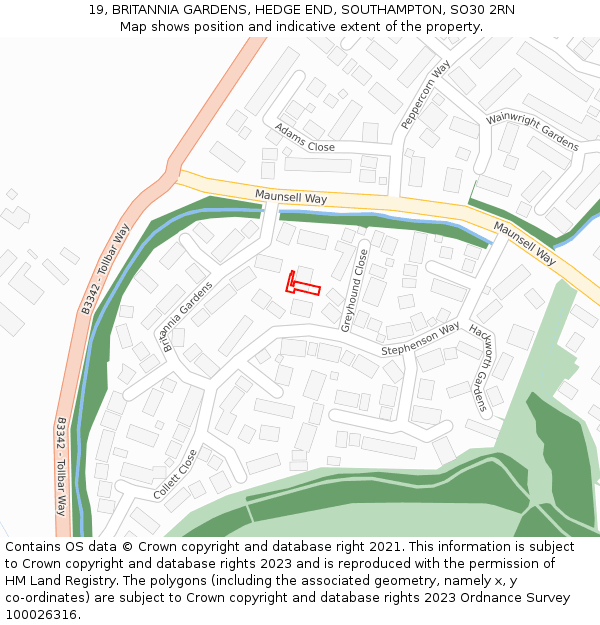 19, BRITANNIA GARDENS, HEDGE END, SOUTHAMPTON, SO30 2RN: Location map and indicative extent of plot