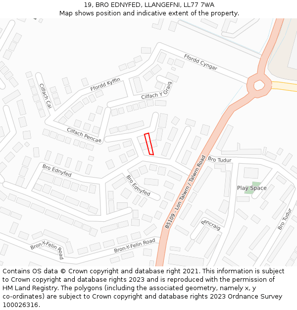 19, BRO EDNYFED, LLANGEFNI, LL77 7WA: Location map and indicative extent of plot