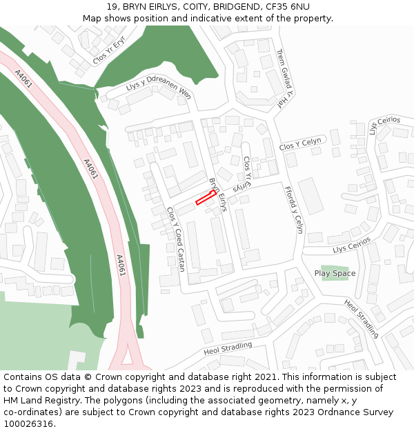 19, BRYN EIRLYS, COITY, BRIDGEND, CF35 6NU: Location map and indicative extent of plot