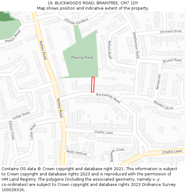 19, BUCKWOODS ROAD, BRAINTREE, CM7 1DY: Location map and indicative extent of plot