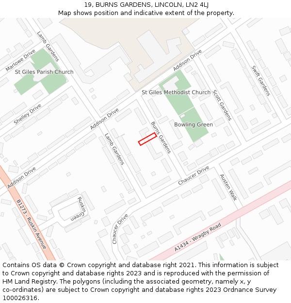 19, BURNS GARDENS, LINCOLN, LN2 4LJ: Location map and indicative extent of plot