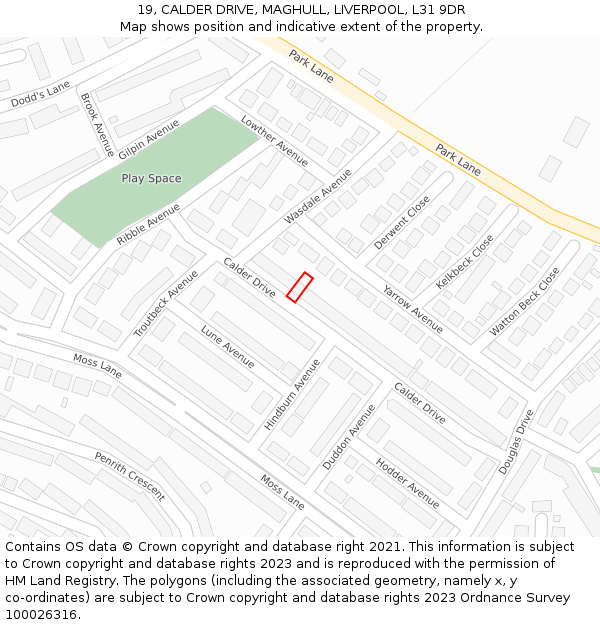 19, CALDER DRIVE, MAGHULL, LIVERPOOL, L31 9DR: Location map and indicative extent of plot