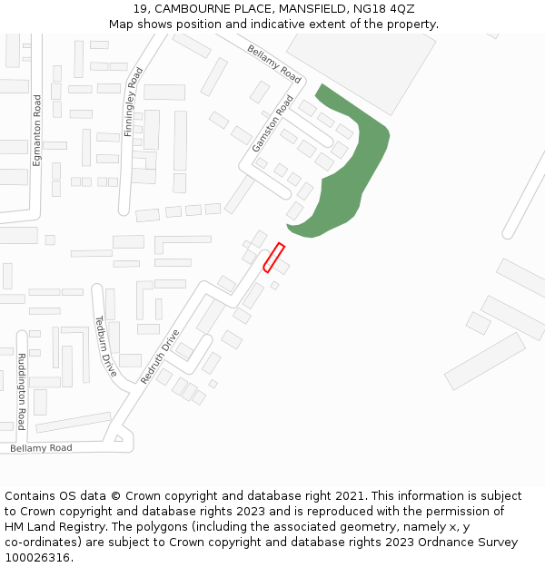 19, CAMBOURNE PLACE, MANSFIELD, NG18 4QZ: Location map and indicative extent of plot