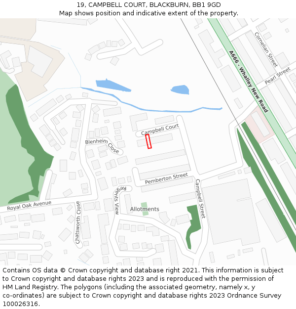 19, CAMPBELL COURT, BLACKBURN, BB1 9GD: Location map and indicative extent of plot