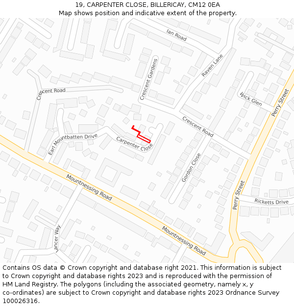 19, CARPENTER CLOSE, BILLERICAY, CM12 0EA: Location map and indicative extent of plot