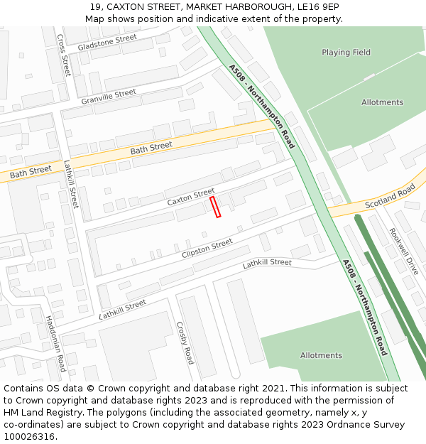 19, CAXTON STREET, MARKET HARBOROUGH, LE16 9EP: Location map and indicative extent of plot