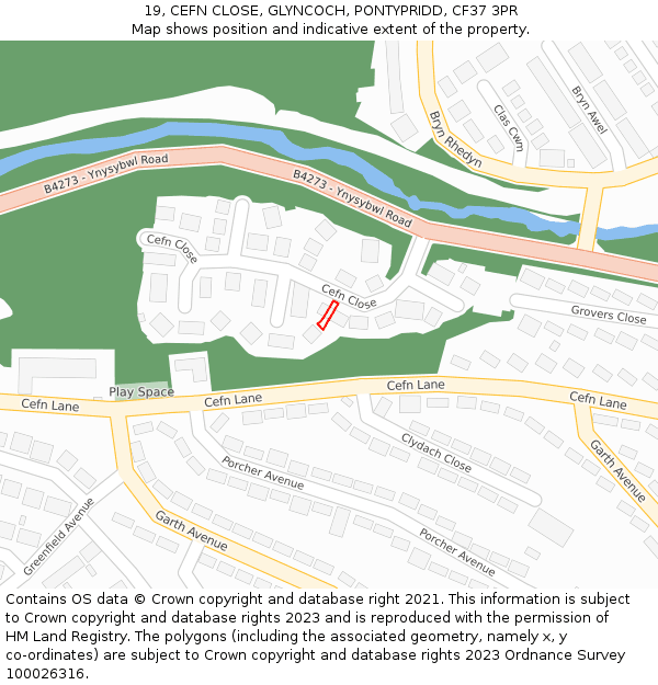 19, CEFN CLOSE, GLYNCOCH, PONTYPRIDD, CF37 3PR: Location map and indicative extent of plot