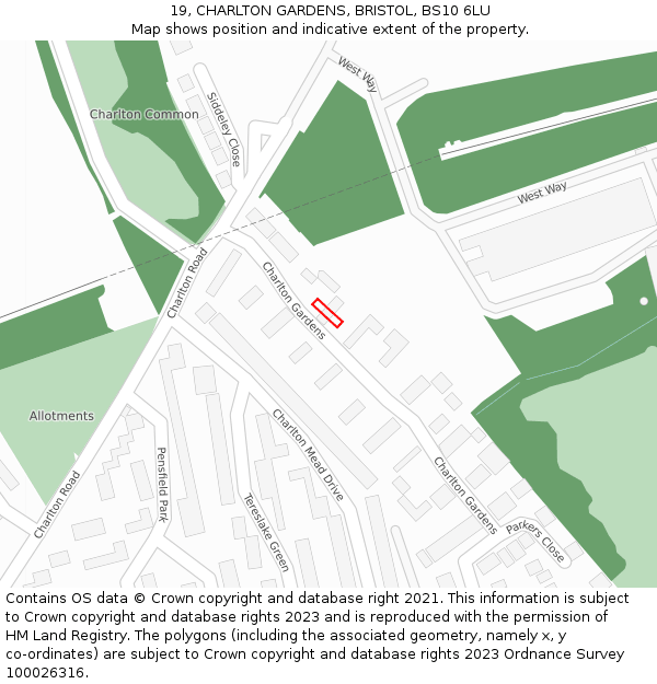 19, CHARLTON GARDENS, BRISTOL, BS10 6LU: Location map and indicative extent of plot