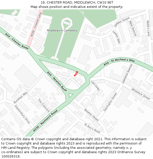 19, CHESTER ROAD, MIDDLEWICH, CW10 9ET: Location map and indicative extent of plot
