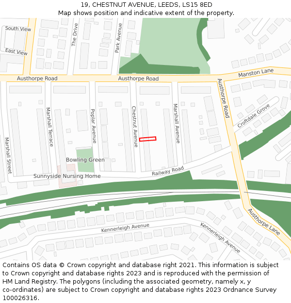 19, CHESTNUT AVENUE, LEEDS, LS15 8ED: Location map and indicative extent of plot